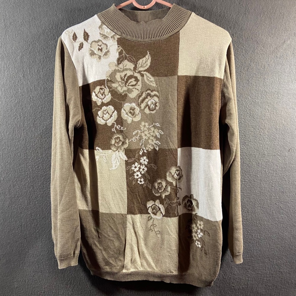 vtg patchwork Sweater Floral Mock Neck Brown Tan Knit cottagecore grandmacore